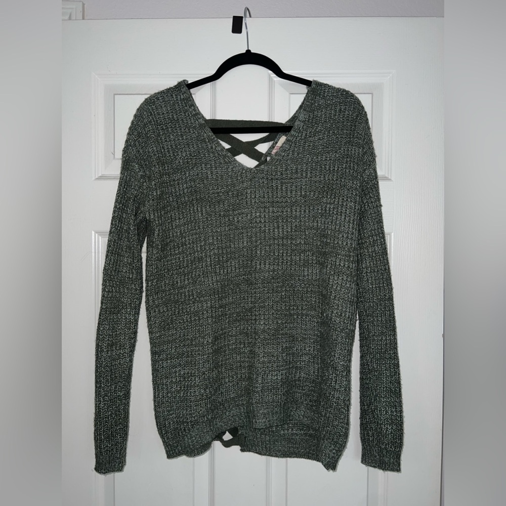 Olive Green V-Neck Women's Sweater with Crisscross Back